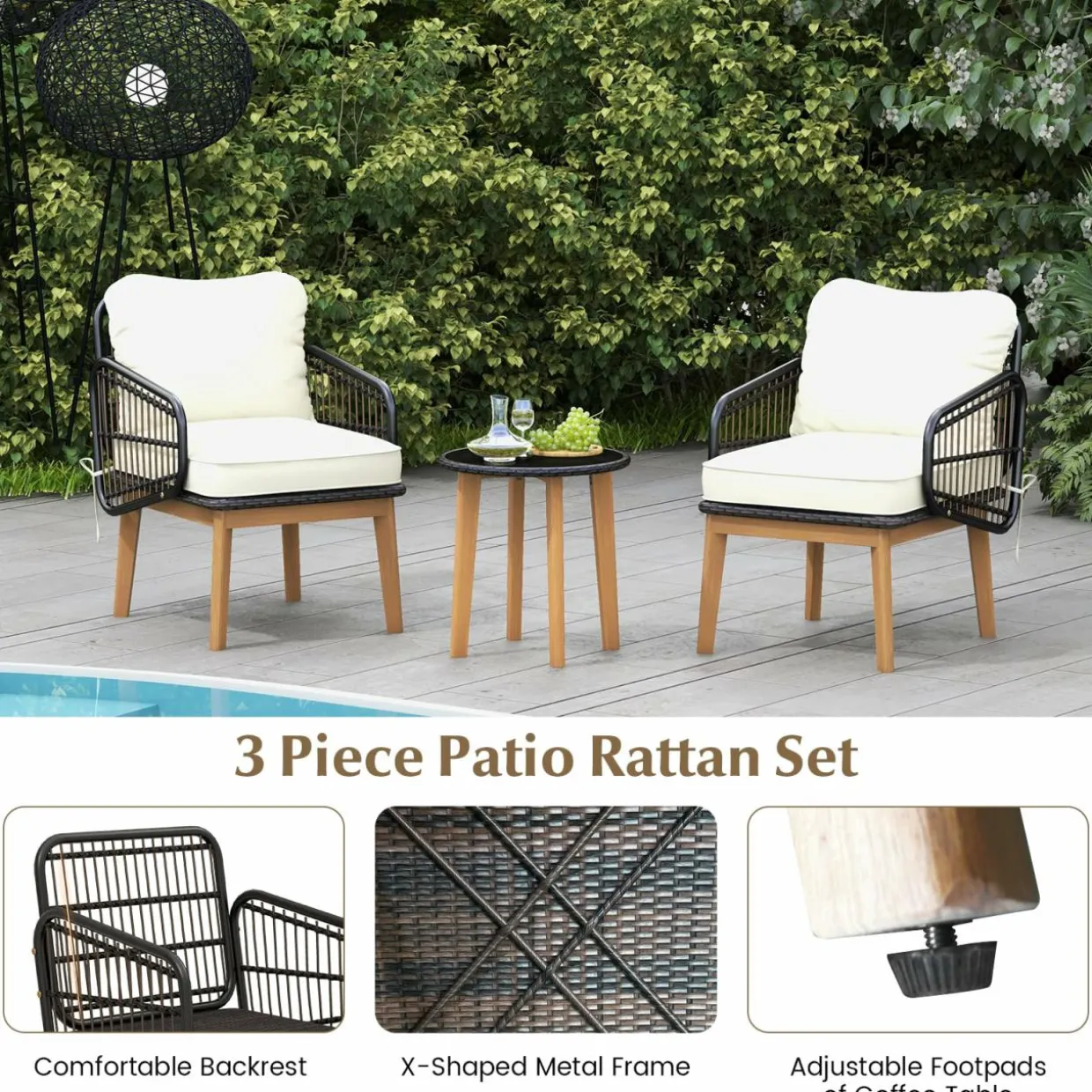 Tangkula 3 Piece Patio Chair Set, Wicker Chair & Side Table Set with Soft Cushions & Tempered Glass Tabletop