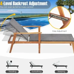 Tangkula 3 Piece Patio Chaise Lounge & Table Set, Outdoor Rattan Lounge Chair