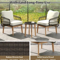 Tangkula 3 Piece Patio Chair Set, Wicker Chair & Side Table Set with Soft Cushions & Tempered Glass Tabletop