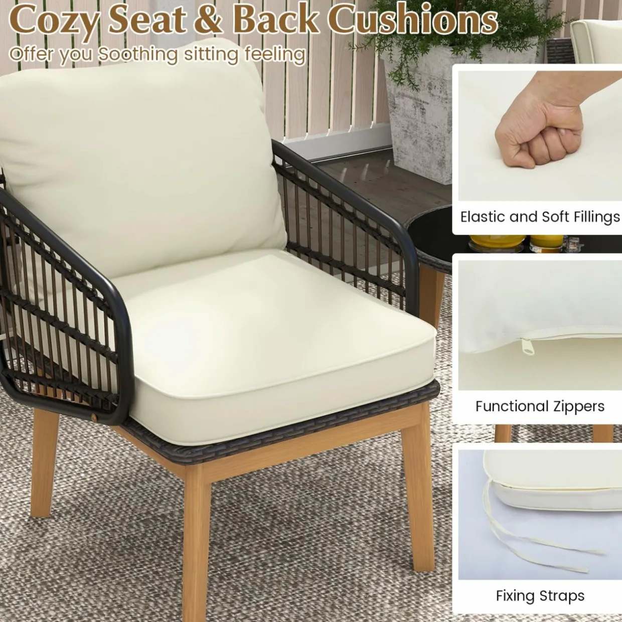 Tangkula 3 Piece Patio Chair Set, Wicker Chair & Side Table Set with Soft Cushions & Tempered Glass Tabletop