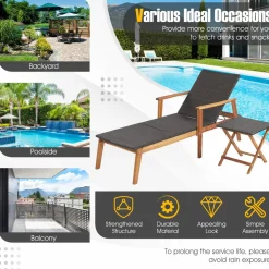 Tangkula 2 Piece Patio Chaise Lounge & Table Set, Outdoor Rattan Recliner
