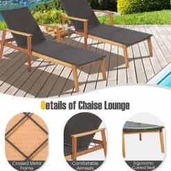 Tangkula 3 Piece Patio Chaise Lounge & Table Set, Outdoor Rattan Lounge Chair