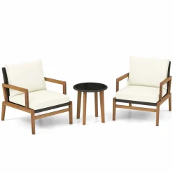 Tangkula 3 Piece Patio Chair Set, Wicker Chair & Side Table Set with Soft Cushions & Tempered Glass Tabletop