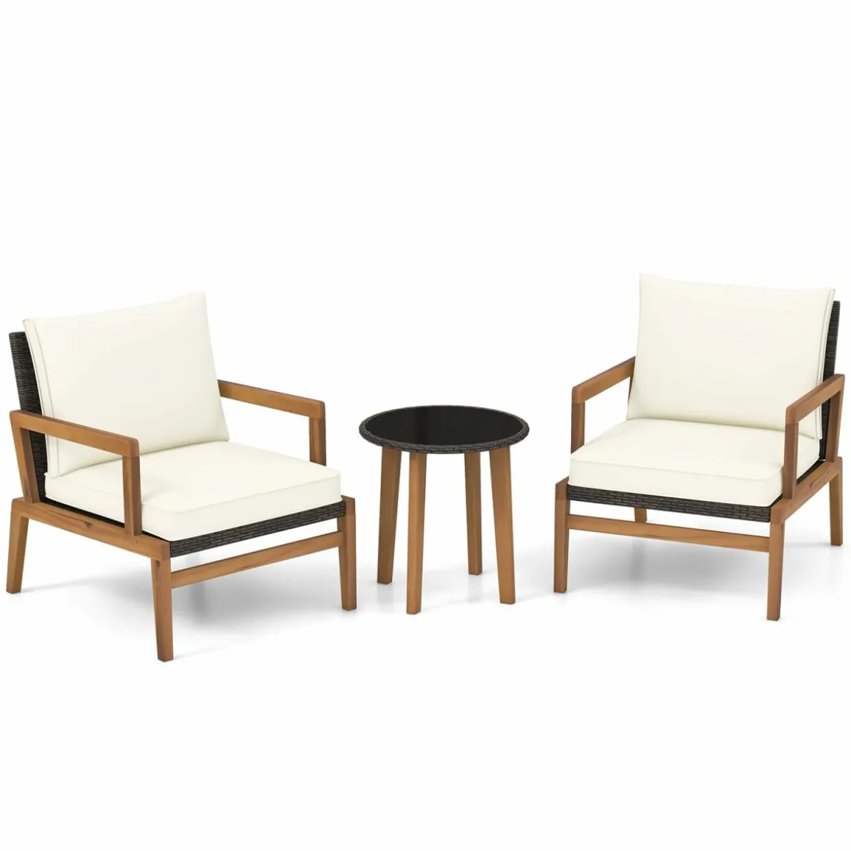 Tangkula 3 Piece Patio Chair Set, Wicker Chair & Side Table Set with Soft Cushions & Tempered Glass Tabletop