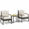 Tangkula 3 Piece Patio Conversation Set, includes 2 Rattan Chairs and Coffee Table, Solid Acacia Wood Armrests & Tabletop