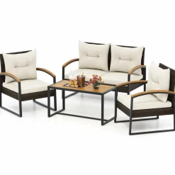 Tangkula 4 Piece Patio Conversation Set, with Heavy Duty Solid Acacia Wood Armrests & Tabletop