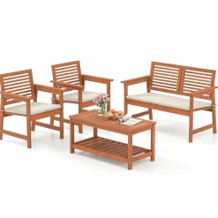 Tangkula 4 Piece Patio Conversation Set, Wood Sofa Set with Soft Seat Cushions