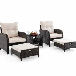 Tangkula 5 Piece Patio Conversation Set, Patiojoy Outdoor Rattan Sofa Set w/ 2 Chairs, 2 Ottomans & 1 Coffee Table