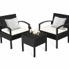 Tangkula 3 Piece Patio Conversation Set, Outdoor Rattan Sofa Set with White Seat Cushions & Coffee Table