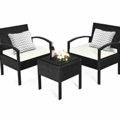 Tangkula 3 Piece Patio Conversation Set, Outdoor Rattan Sofa Set with White Seat Cushions & Coffee Table