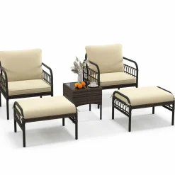 Tangkula 5 Piece Patio Conversation Set, Outdoor Wicker Chair Set w/Ottomans & Coffee Table