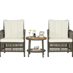 Tangkula 3 Piece Patio Conversation Set, Outdoor Rattan Chair Set W/ 2-Tier Coffee Table (Off White)