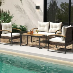 Tangkula 4 Piece Patio Conversation Set, with Heavy Duty Solid Acacia Wood Armrests & Tabletop