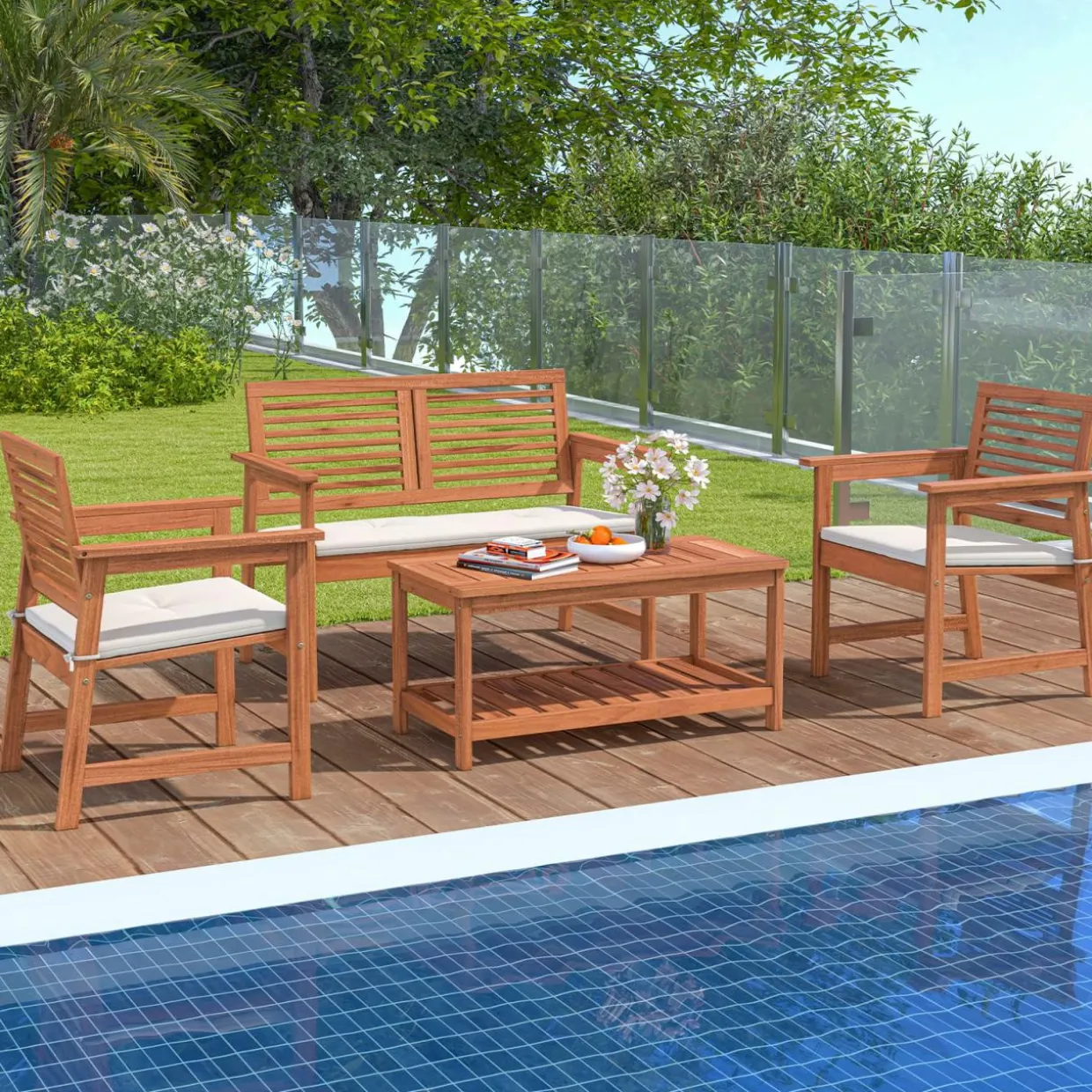 Tangkula 4 Piece Patio Conversation Set, Wood Sofa Set with Soft Seat Cushions