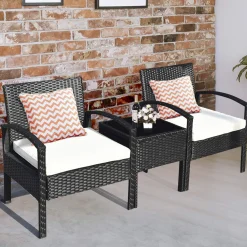 Tangkula 3 Piece Patio Conversation Set, Outdoor Rattan Sofa Set with White Seat Cushions & Coffee Table
