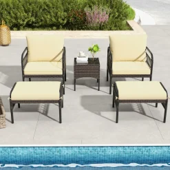 Tangkula 5 Piece Patio Conversation Set, Outdoor Wicker Chair Set w/Ottomans & Coffee Table