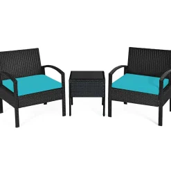 Tangkula 3 Piece Patio Conversation Set, Outdoor Rattan Sofa Set with White Seat Cushions & Coffee Table