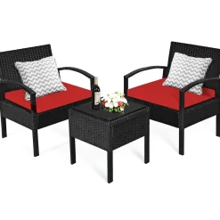 Tangkula 3 Piece Patio Conversation Set, Outdoor Rattan Sofa Set with White Seat Cushions & Coffee Table