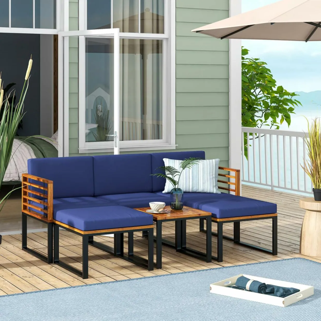 Tangkula 6 Piece Patio Conversation Sofa Set, Acacia Wood Chair Set with Ottomans & Coffee Table