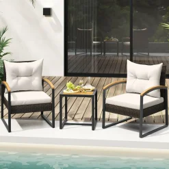 Tangkula 3 Piece Patio Conversation Set, includes 2 Rattan Chairs and Coffee Table, Solid Acacia Wood Armrests & Tabletop
