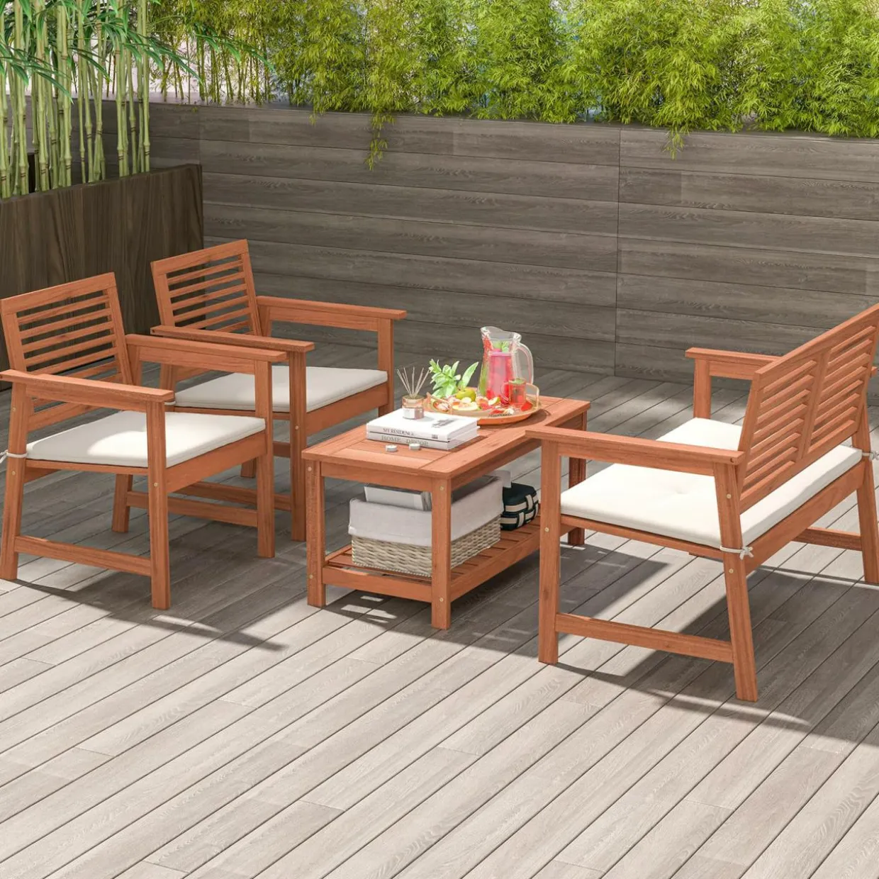 Tangkula 4 Piece Patio Conversation Set, Wood Sofa Set with Soft Seat Cushions