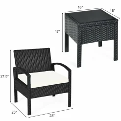 Tangkula 3 Piece Patio Conversation Set, Outdoor Rattan Sofa Set with White Seat Cushions & Coffee Table