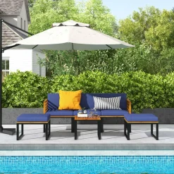 Tangkula 6 Piece Patio Conversation Sofa Set, Acacia Wood Chair Set with Ottomans & Coffee Table