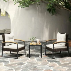 Tangkula 3 Piece Patio Conversation Set, includes 2 Rattan Chairs and Coffee Table, Solid Acacia Wood Armrests & Tabletop
