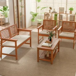 Tangkula 4 Piece Patio Conversation Set, Wood Sofa Set with Soft Seat Cushions