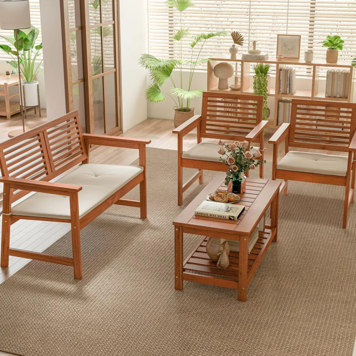 Tangkula 4 Piece Patio Conversation Set, Wood Sofa Set with Soft Seat Cushions