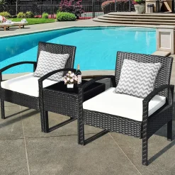 Tangkula 3 Piece Patio Conversation Set, Outdoor Rattan Sofa Set with White Seat Cushions & Coffee Table