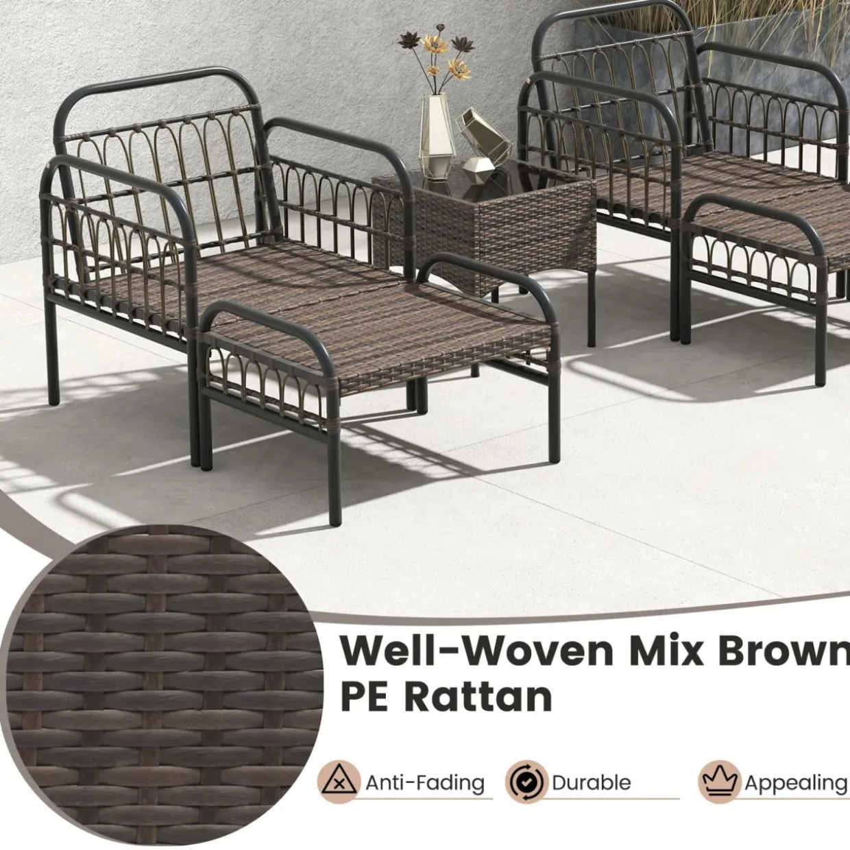 Tangkula 5 Piece Patio Conversation Set, Outdoor Wicker Chair Set w/Ottomans & Coffee Table