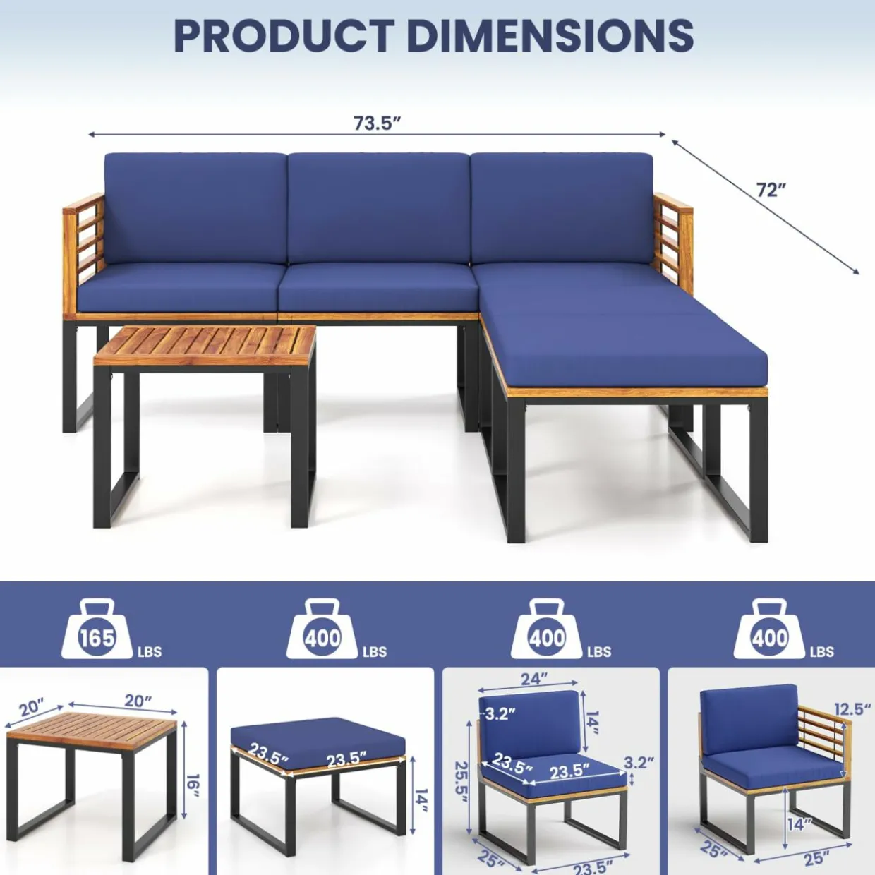 Tangkula 6 Piece Patio Conversation Sofa Set, Acacia Wood Chair Set with Ottomans & Coffee Table