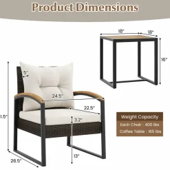 Tangkula 3 Piece Patio Conversation Set, includes 2 Rattan Chairs and Coffee Table, Solid Acacia Wood Armrests & Tabletop
