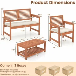 Tangkula 4 Piece Patio Conversation Set, Wood Sofa Set with Soft Seat Cushions