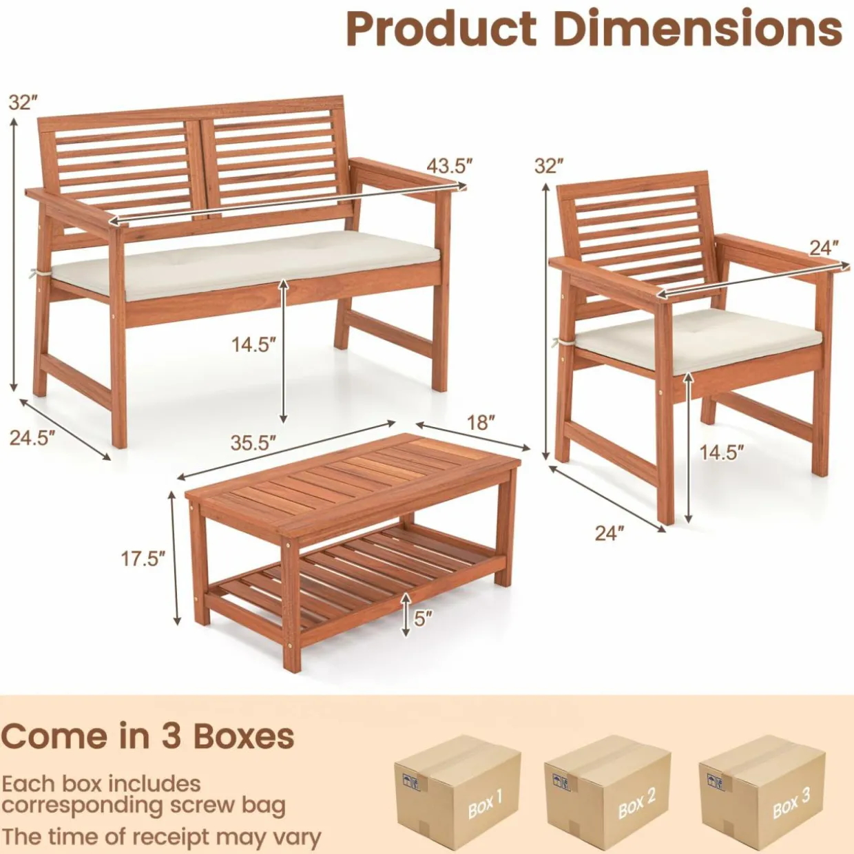 Tangkula 4 Piece Patio Conversation Set, Wood Sofa Set with Soft Seat Cushions