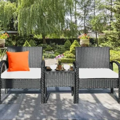 Tangkula 3 Piece Patio Conversation Set, Outdoor Rattan Sofa Set with White Seat Cushions & Coffee Table