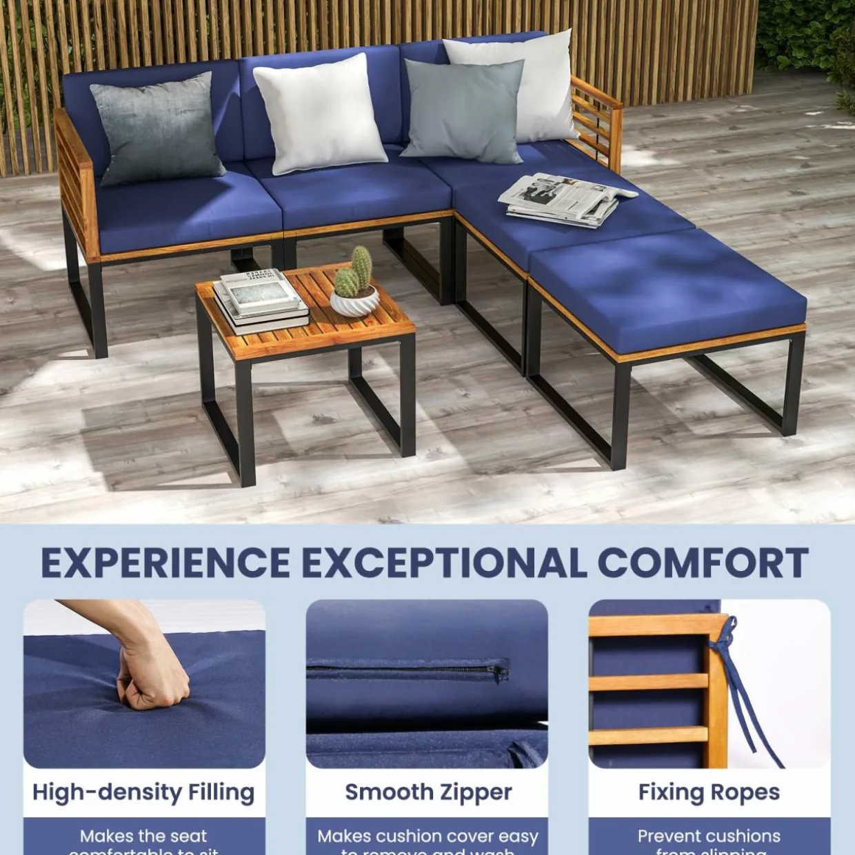 Tangkula 6 Piece Patio Conversation Sofa Set, Acacia Wood Chair Set with Ottomans & Coffee Table