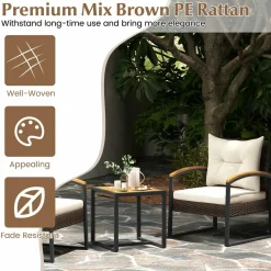 Tangkula 3 Piece Patio Conversation Set, includes 2 Rattan Chairs and Coffee Table, Solid Acacia Wood Armrests & Tabletop