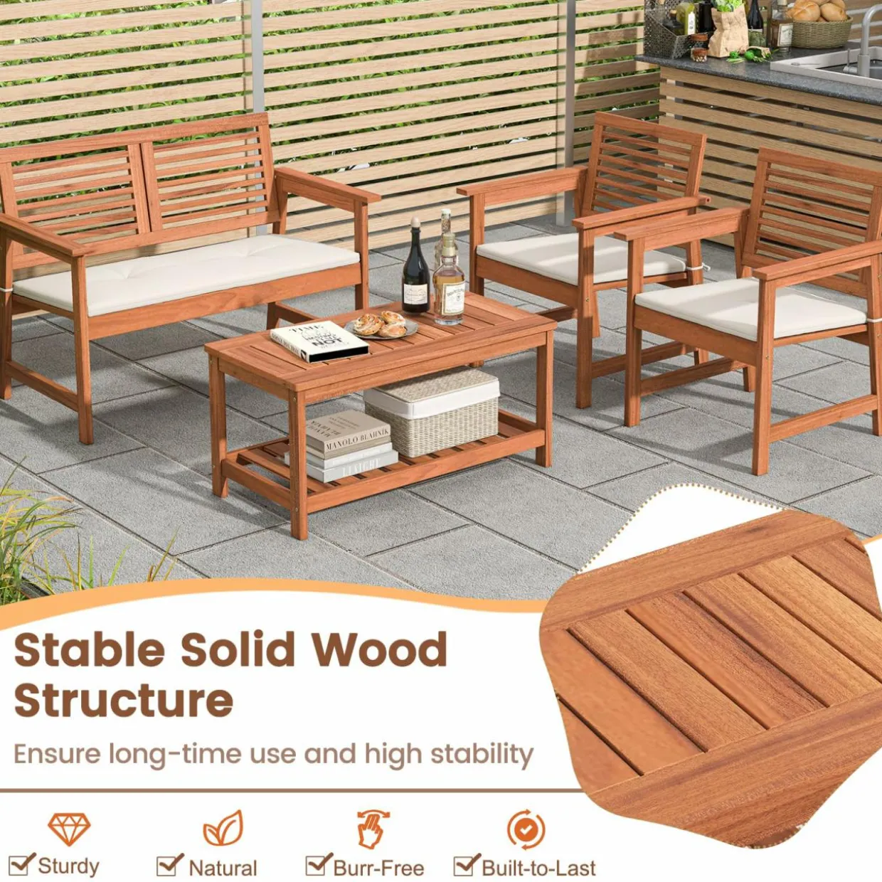 Tangkula 4 Piece Patio Conversation Set, Wood Sofa Set with Soft Seat Cushions