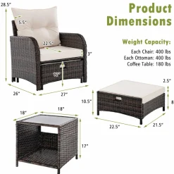 Tangkula 5 Piece Patio Conversation Set, Patiojoy Outdoor Rattan Sofa Set w/ 2 Chairs, 2 Ottomans & 1 Coffee Table