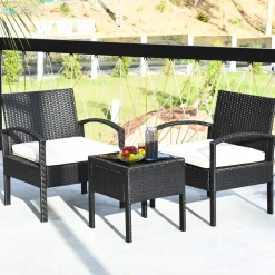 Tangkula 3 Piece Patio Conversation Set, Outdoor Rattan Sofa Set with White Seat Cushions & Coffee Table