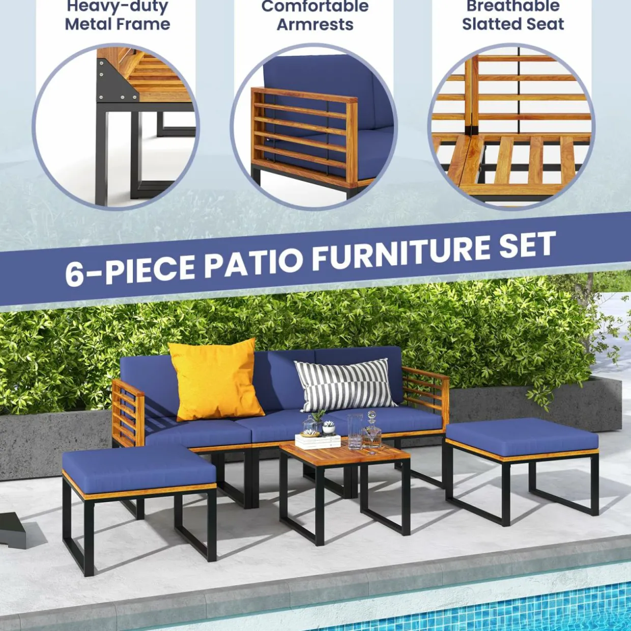 Tangkula 6 Piece Patio Conversation Sofa Set, Acacia Wood Chair Set with Ottomans & Coffee Table
