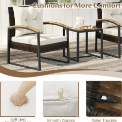 Tangkula 3 Piece Patio Conversation Set, includes 2 Rattan Chairs and Coffee Table, Solid Acacia Wood Armrests & Tabletop