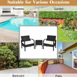Tangkula 3 Piece Patio Conversation Set, Outdoor Rattan Sofa Set with White Seat Cushions & Coffee Table