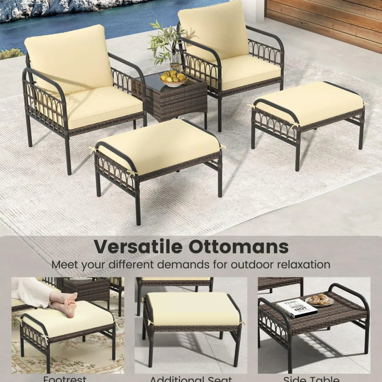 Tangkula 5 Piece Patio Conversation Set, Outdoor Wicker Chair Set w/Ottomans & Coffee Table