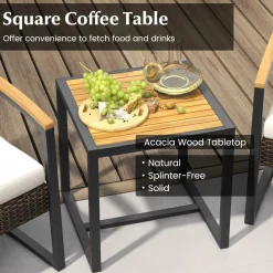 Tangkula 3 Piece Patio Conversation Set, includes 2 Rattan Chairs and Coffee Table, Solid Acacia Wood Armrests & Tabletop