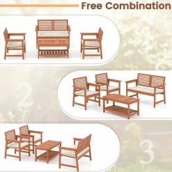 Tangkula 4 Piece Patio Conversation Set, Wood Sofa Set with Soft Seat Cushions