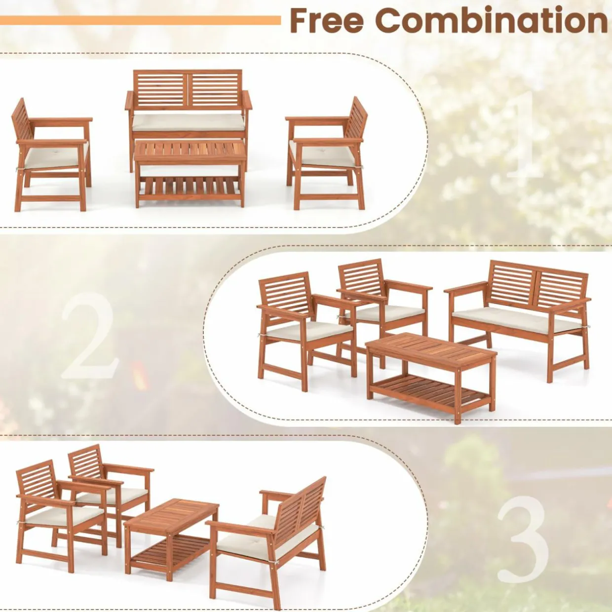 Tangkula 4 Piece Patio Conversation Set, Wood Sofa Set with Soft Seat Cushions