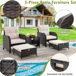 Tangkula 5 Piece Patio Conversation Set, Patiojoy Outdoor Rattan Sofa Set w/ 2 Chairs, 2 Ottomans & 1 Coffee Table